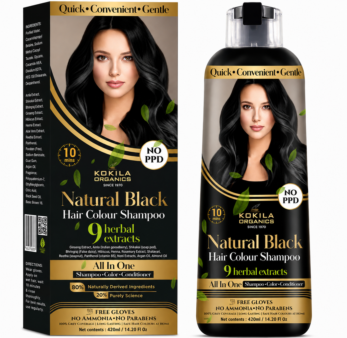 Instant Hair Dye Shampoo | Hair Colour - Natural Black for Women and Men - 420ml